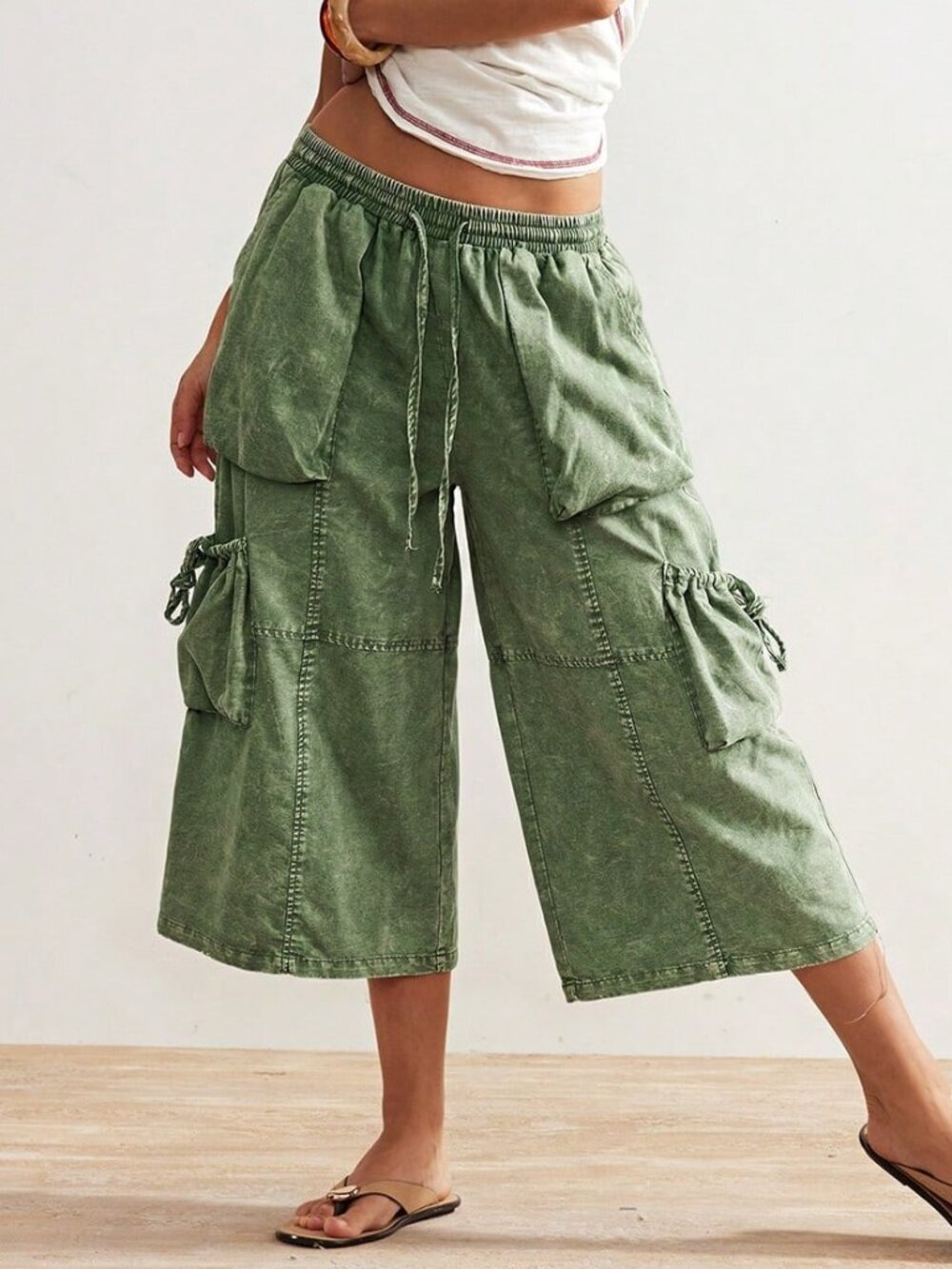 Green Boho Casual Women's Capri Cargo Pants - Picture 6 of 7